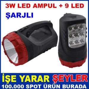 3W LED AMPUL VE 9 LED'Lİ ŞARJLI BÜYÜK EL FENERİ