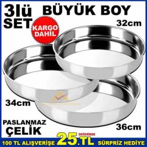 3'lü Set Büyük Boy Paslanmaz Çelik Yuvarlak Fırın Tepsi Seti