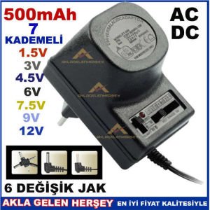 Kademeli voltaj ayarlı çok uçlu 220V düşüren adaptör PT-500 AC/DC 6 jaklı AYARLI ADAPTÖR 0-12V 500mA