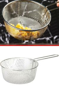 Paslanmaz Çelik Kalay Kaplı Fritöz Kızartma Sepeti Saplı Kızartma Teli 24 cm Pratik Cips Kevgiri