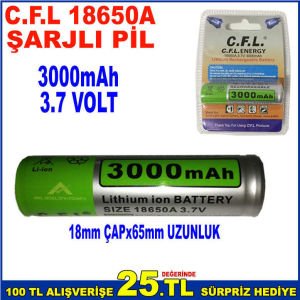 CFL 18650A ŞARJLI PİL 3.7VOLT 3000mAh ŞARJ EDİLEBİLİR LİTYUM PİL