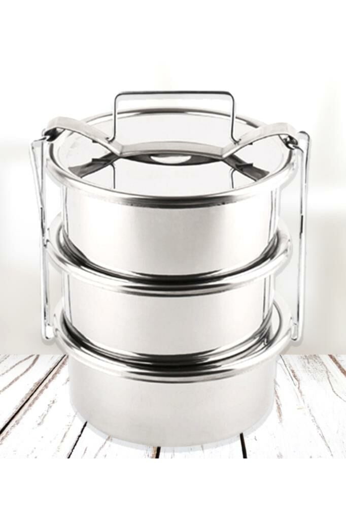 13x5cm 3 Kaplı Sefer Tası 2-3 Kişilik Yemek Taşıma Kabı Paslanmaz Çelik 1.5lt 500ml X3 Isıtılabilir