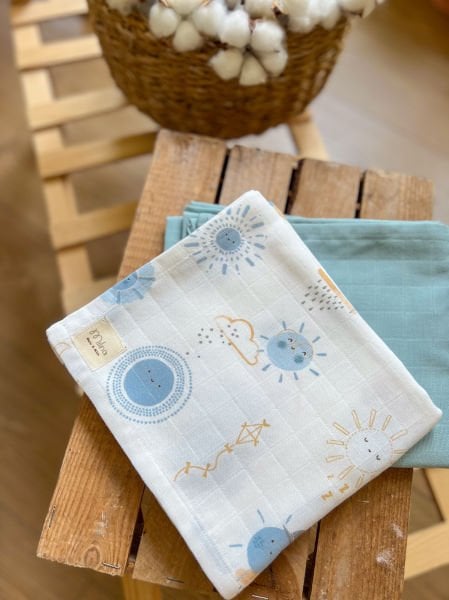 BLUE SUN PATTERNED AND BLUE PLAIN MUSLIN SET