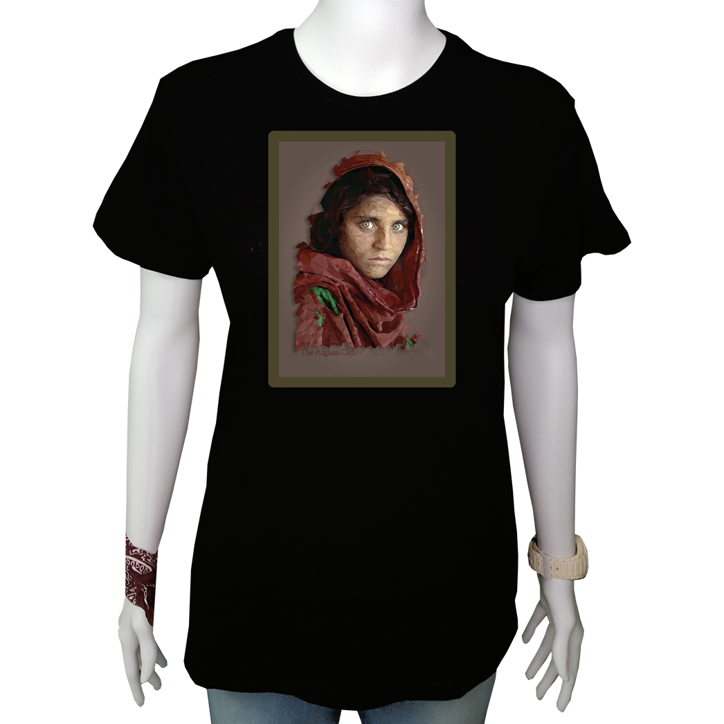 Kadın T-shirt Siyah 'Afgan Kız' Baskılı