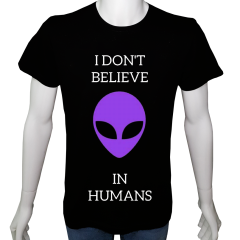 Unisex T-shirt Siyah 'Uzay/İnsanlara inanmıyorum' Baskılı