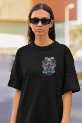 Oversize Unisex T-shirt Siyah 'Horned Devil' Baskılı