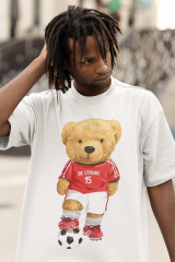 Oversize Unisex T-shirt Beyaz 'Soccer Player Bear' Baskılı