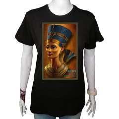 Kadın T-shirt Siyah 'Nefertiti' Baskılı