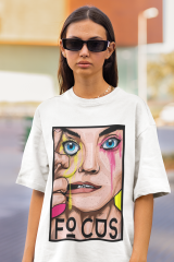 Oversize Unisex T-shirt Beyaz 'Focus' Baskılı