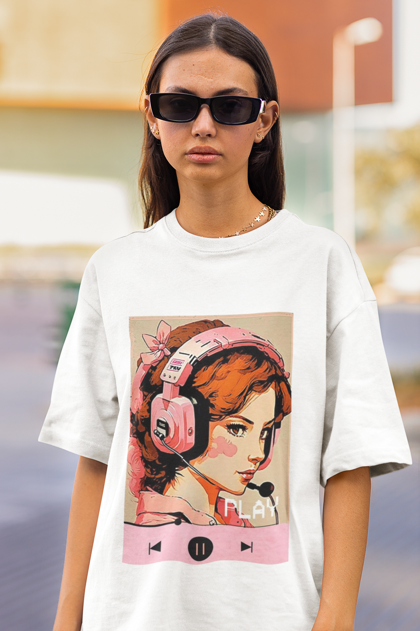 Oversize Unisex T-shirt Beyaz 'Play' Baskılı