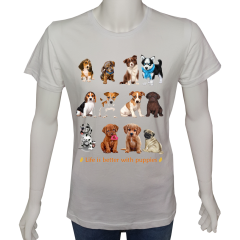 Unisex T-shirt Beyaz 'Hayvanlar / Yavru Köpekler1' Baskılı