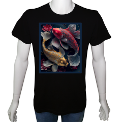 Unisex T-shirt Siyah 'Hayvanlar / Japon Koi Balığı2' Baskılı