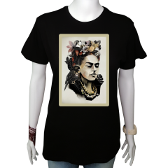 Kadın T-shirt Siyah 'FridaKahlo2' Baskılı