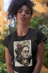 Kadın T-shirt Siyah 'FridaKahlo2' Baskılı