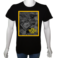 Unisex T-shirt Siyah 'UyandırmaServisi / Para konuştuğu zaman' Baskılı