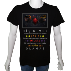 Unisex T-shirt Siyah 'UyandırmaServisi / ÜçMaymun' Baskılı