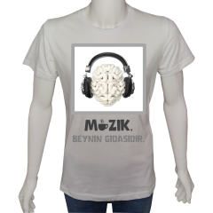 Unisex T-shirt Beyaz 'Beyin Fırtınası / Müzik beynin gıdasıdır' Baskılı