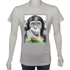 Unisex T-shirt Beyaz 'Beyin Fırtınası / Maymun mu insan mı' Baskılı