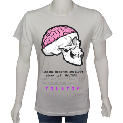Unisex T-shirt Beyaz 'Beyin Fırtınası / Beyin Ameliyatı' Baskılı