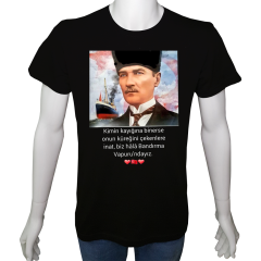 Unisex T-shirt Siyah 'Atatürk/Bandırma Vapuru' Baskılı
