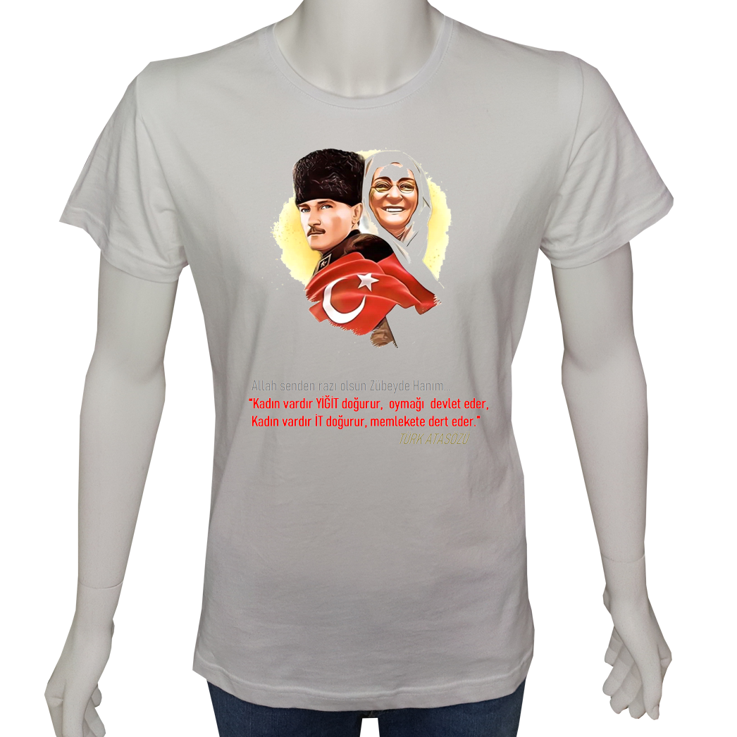 Unisex T-shirt Beyaz 'Atatürk/Zübeyde Hanım' Baskılı