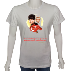 Unisex T-shirt Beyaz 'Atatürk/Zübeyde Hanım' Baskılı