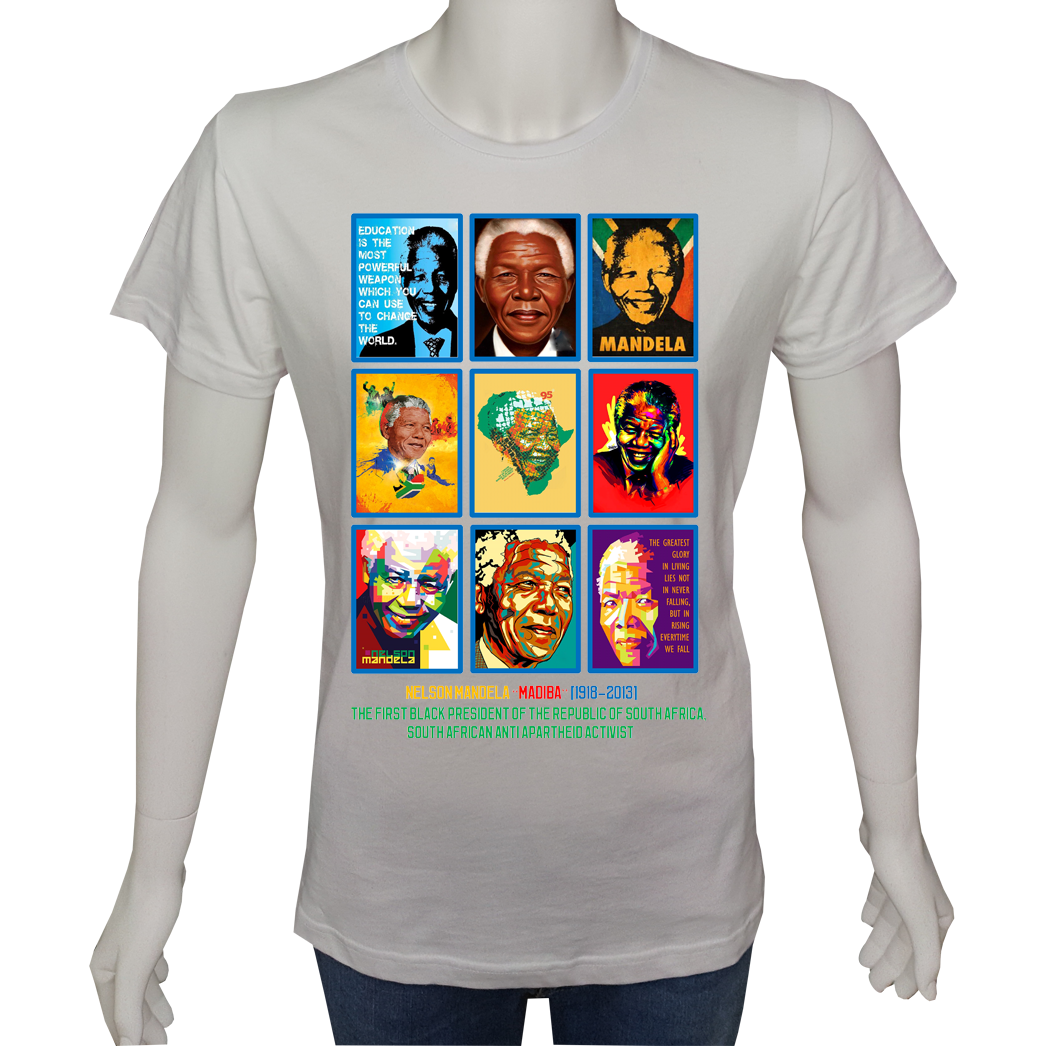 Unisex T-shirt Beyaz 'Ünlüler / Nelson Mandela' Baskılı