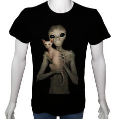 Unisex T-shirt Siyah 'Uzay/Alien2' Baskılı