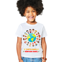 Çocuk T-shirt Beyaz 'Dünya Barışı5' Baskılı