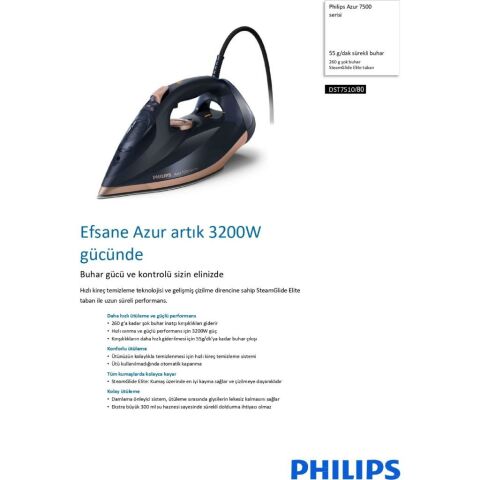 Philips Azur DST7510/80 7500 Serisi 3200 W Buharlı Ütü
