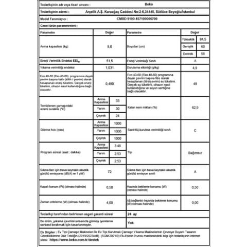 Beko CMXD 9100 9 kg 1000 Devir Çamaşır Makinesi