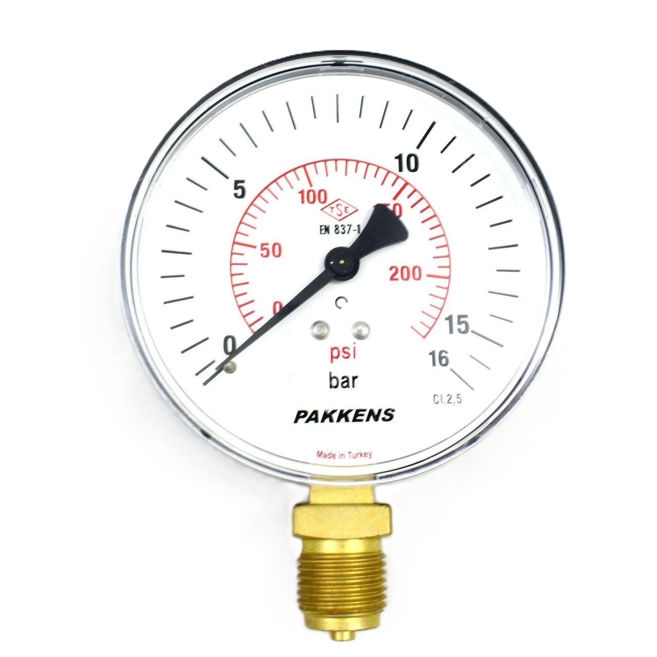 Pakkens Manometre Ø100 mm 1/2'' Alt Bağlantılı 16 Bar Akrilik Kapak Kuru Tip