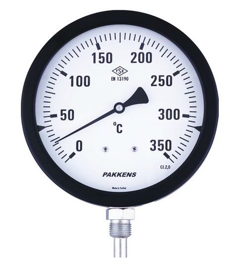 Pakkens Bi-Metal Termometre Ø100mm 400°C 20cm Alttan Çıkışlı 1/2'' Kl 2.0