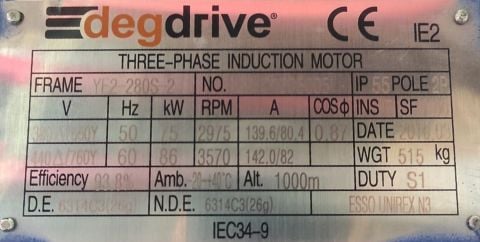 DEG DRİVE Elektrik Motoru IE2 75 KW 2975 d/d