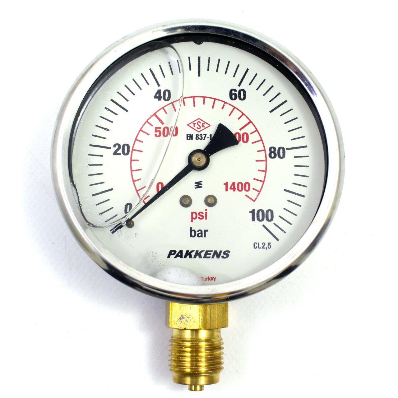 Pakkens Alt Bağlantılı Gliserinli Manometre Ø100 mm 100 Bar 1/2''