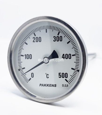 Pakkens Bi-Metal Termometre Ø100 500°C 1/2''Arkadan Çıkışlı 15cm Kl2,0