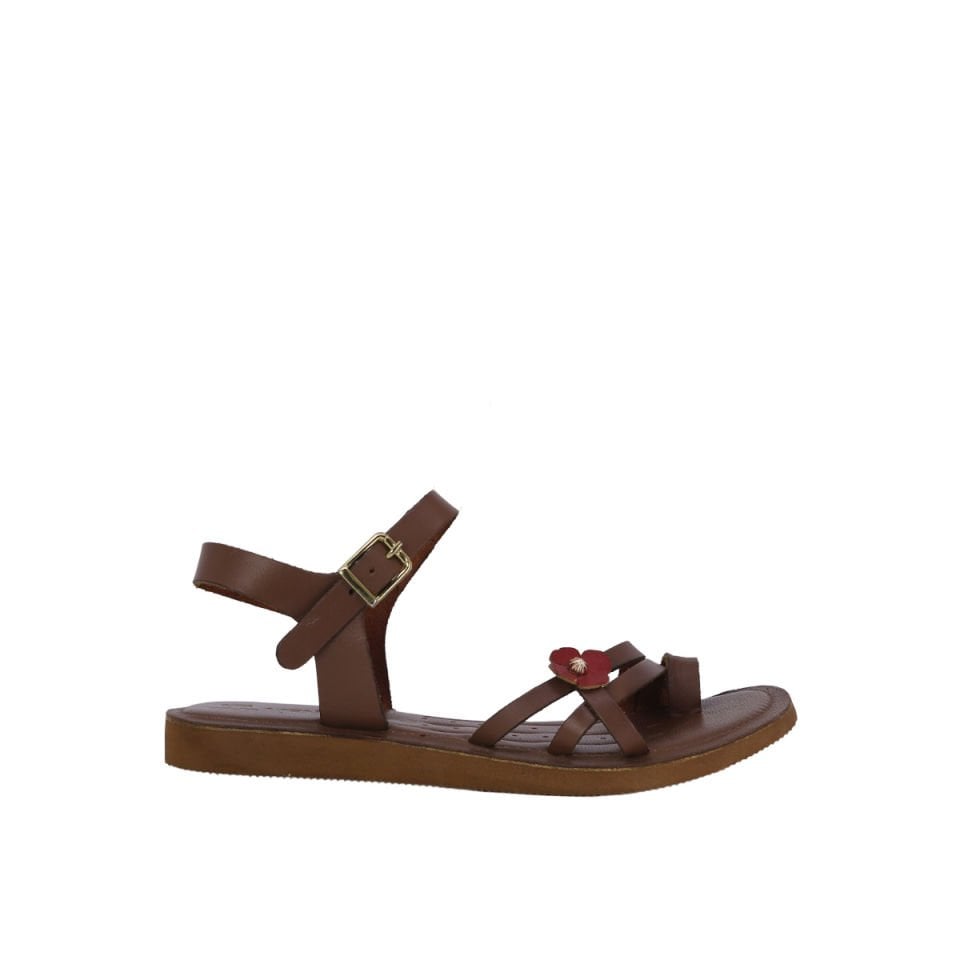 Hakiki Deri Düz Tabanlı Kayışlı Kadın Sandalet | Yazlık, Çiçek Detaylı Konforlu Sandalet