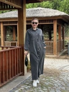 Tam düğmeli kot elbise antrasit