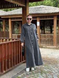 Tam düğmeli kot elbise antrasit