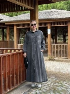 Tam düğmeli kot elbise antrasit