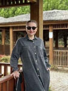 Tam düğmeli kot elbise antrasit