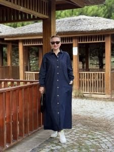 Tam düğmeli kot elbise Lacivert