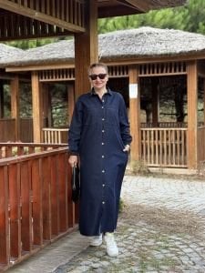 Tam düğmeli kot elbise Lacivert