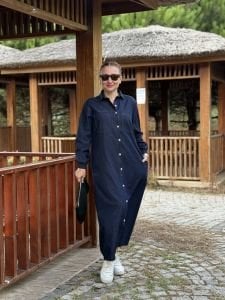 Tam düğmeli kot elbise Lacivert