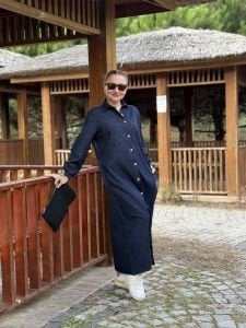 Tam düğmeli kot elbise Lacivert