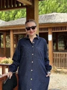 Tam düğmeli kot elbise Lacivert