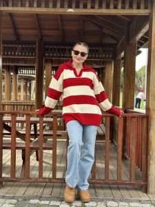 Kalın çizgi yumoş kazak kırmızı