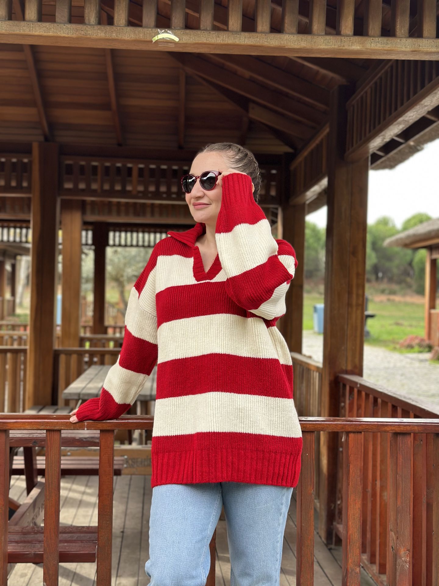 Kalın çizgi yumoş kazak kırmızı