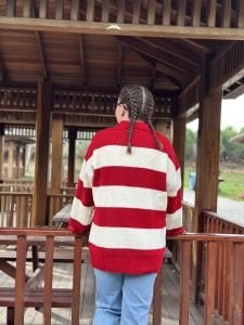 Kalın çizgi yumoş kazak kırmızı