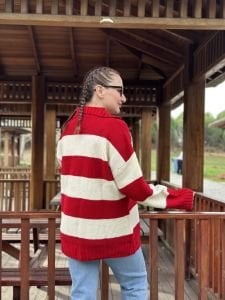 Kalın çizgi yumoş kazak kırmızı